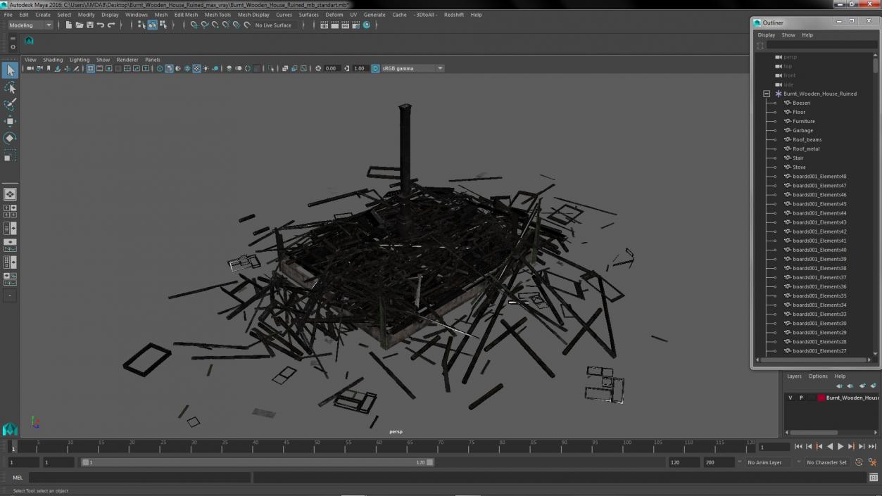 3D model Burnt Wooden House Ruined