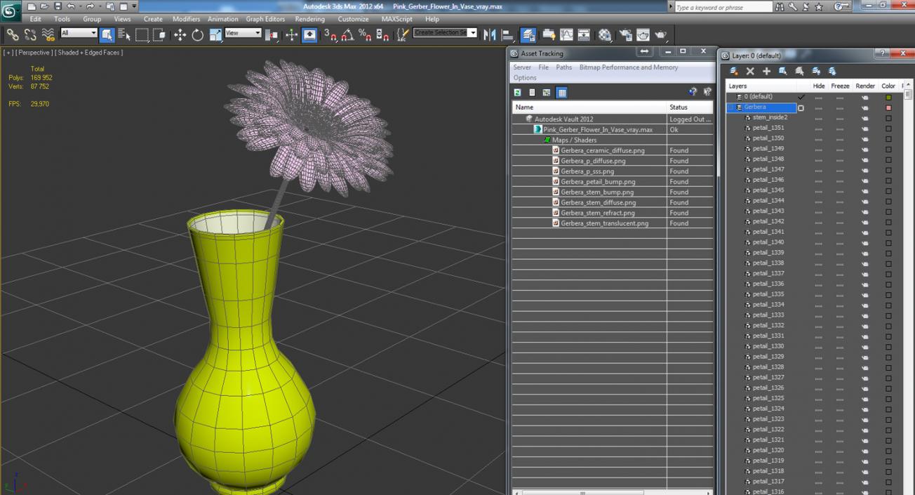 3D Pink Gerber Flower In Vase