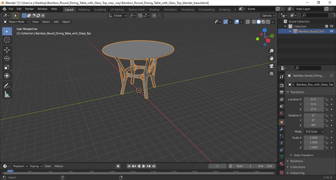 3D model Bamboo Round Dining Table with Glass Top