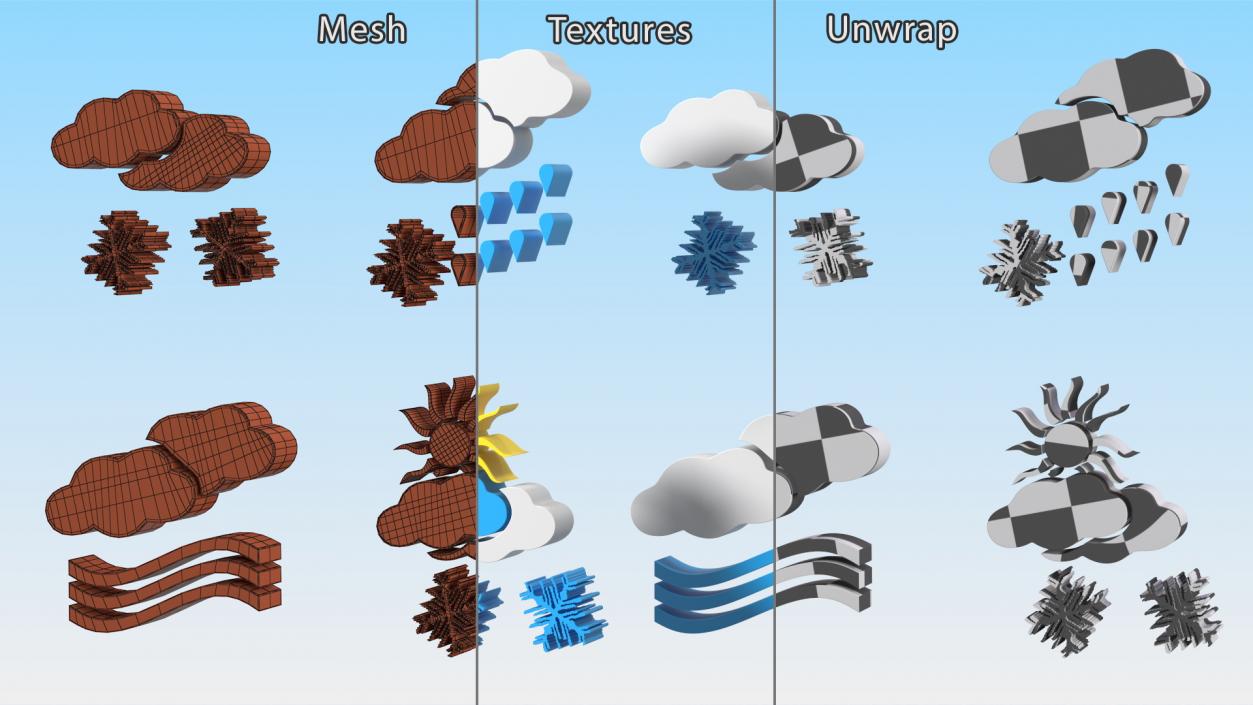 Meteorology Symbols with Snow and Wind Set 3D