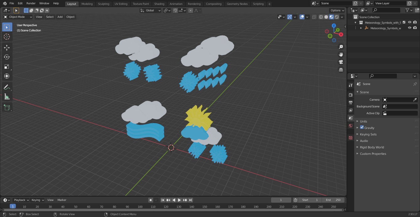 Meteorology Symbols with Snow and Wind Set 3D