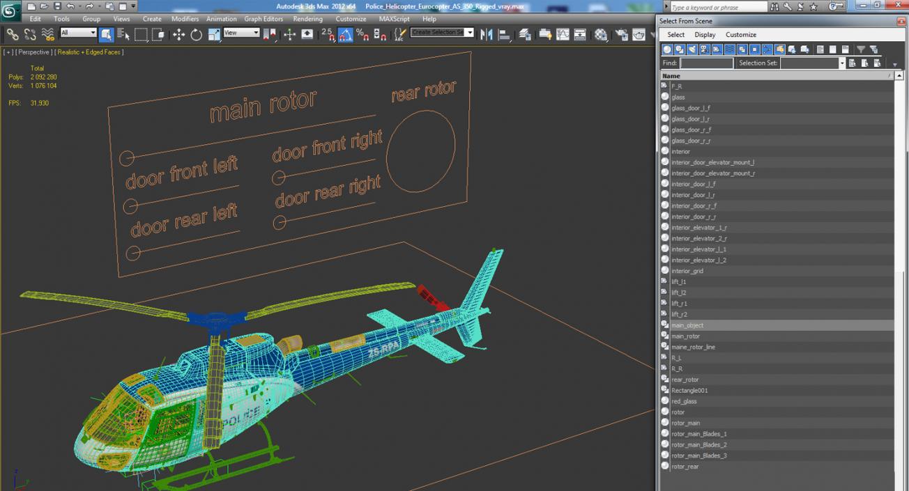 Police Helicopter Eurocopter AS-350 Rigged 3D