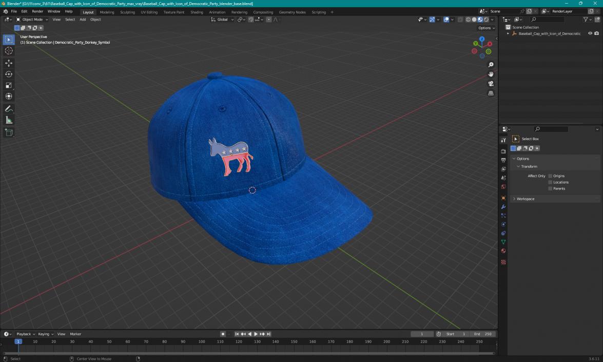 Baseball Cap with Icon of Democratic Party 3D