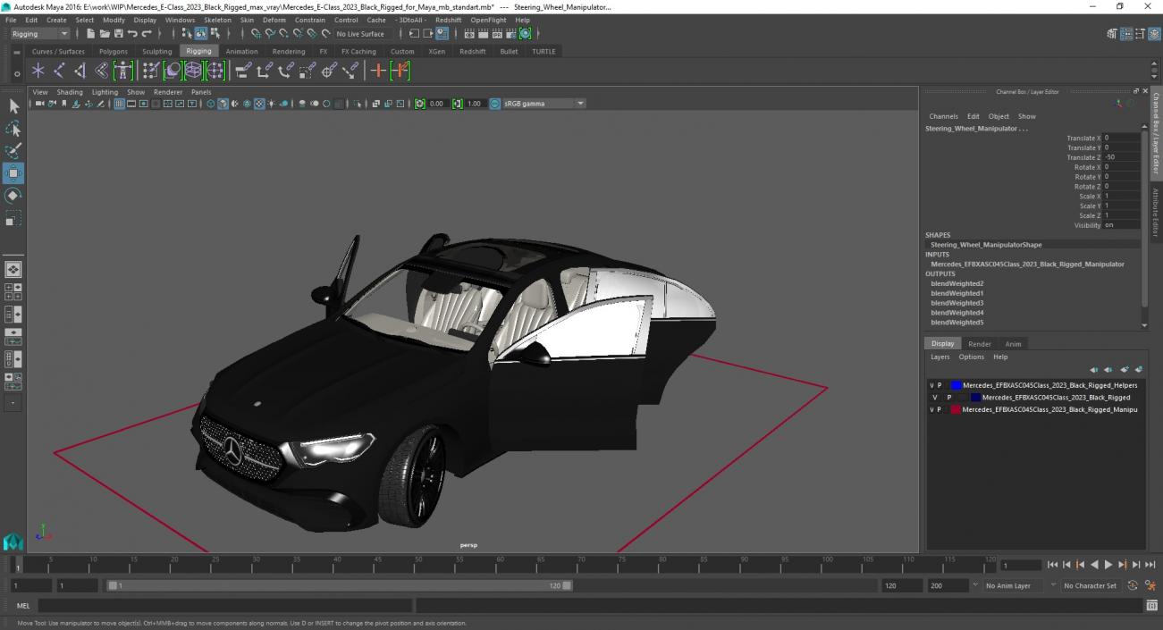 3D Mercedes E-Class 2023 Black Rigged for Maya model