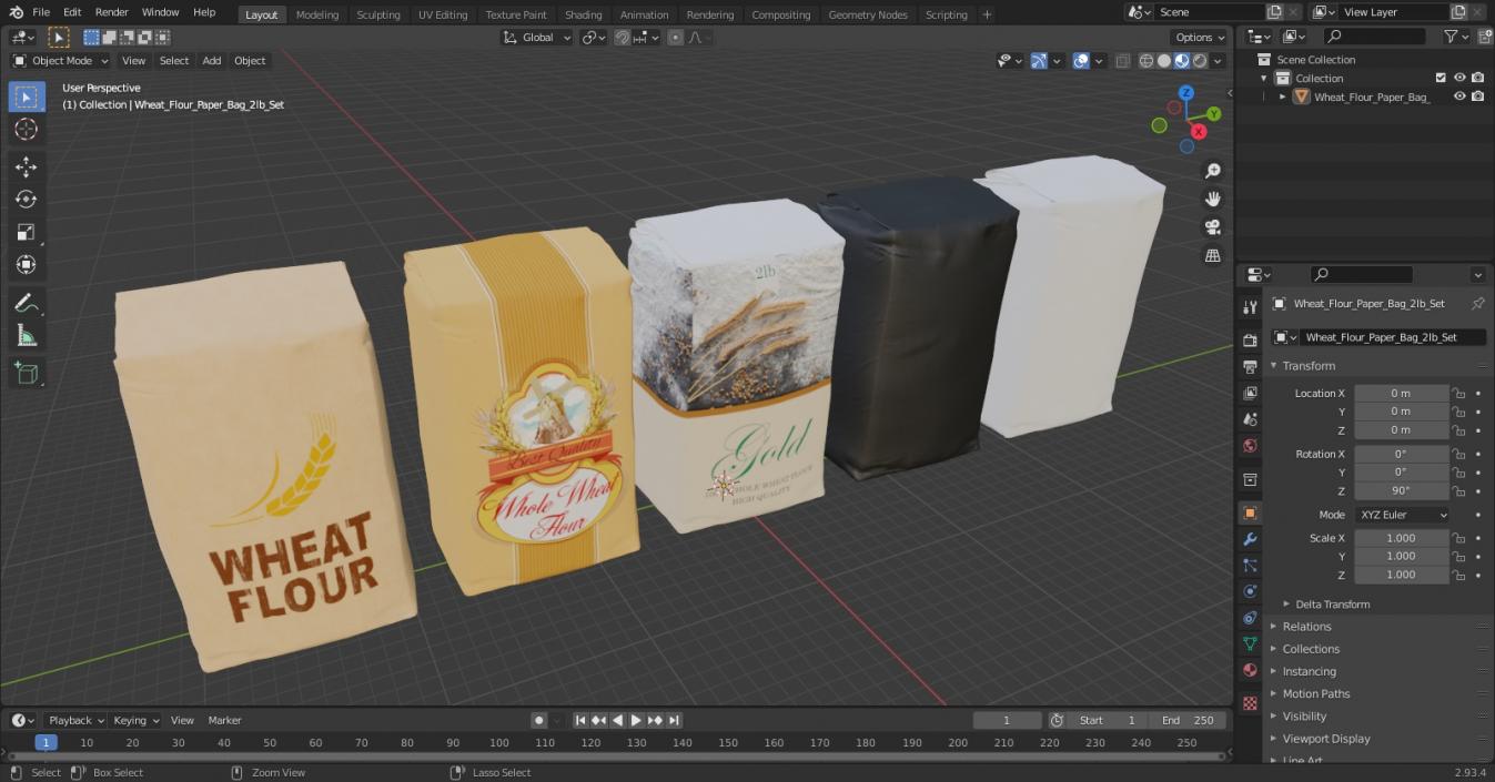 Wheat Flour Paper Bag 2lb Set 3D model