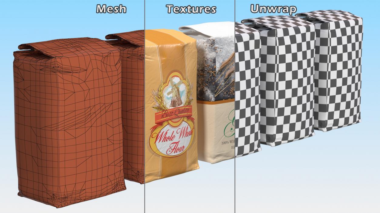 Wheat Flour Paper Bag 2lb Set 3D model