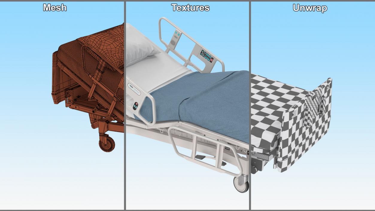 3D Hospital Bed with Adjustable Side Rails Rigged