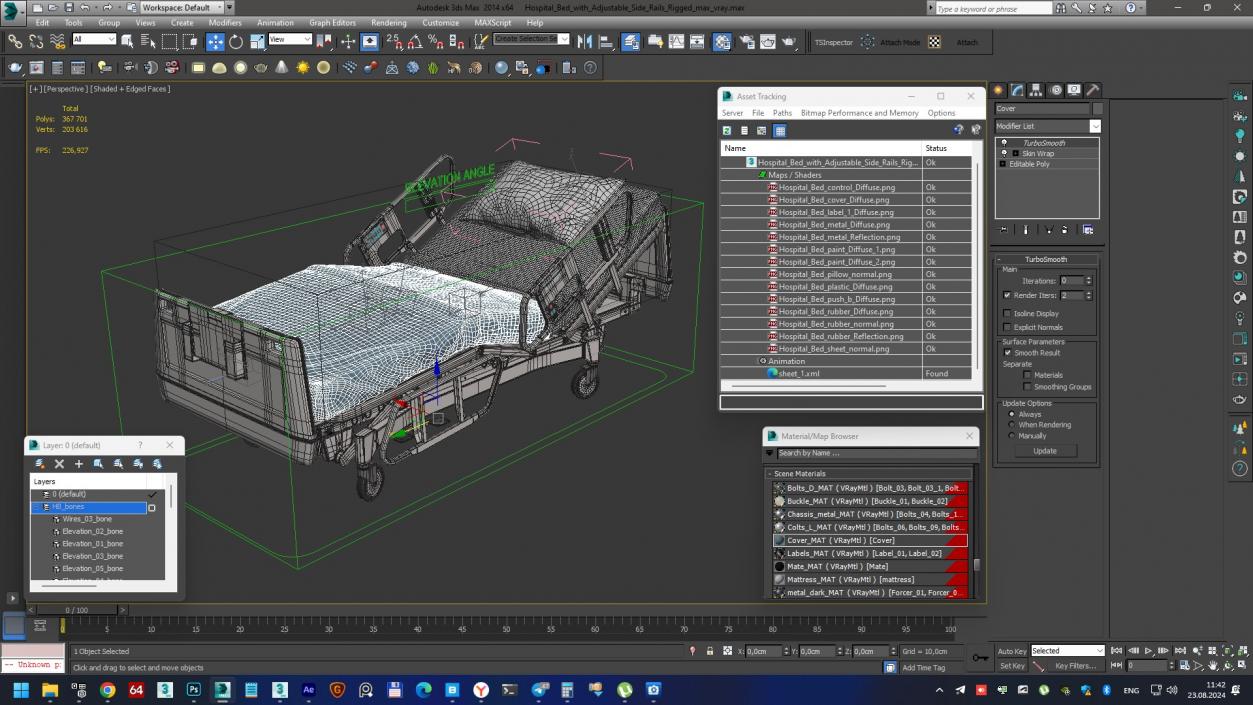 3D Hospital Bed with Adjustable Side Rails Rigged