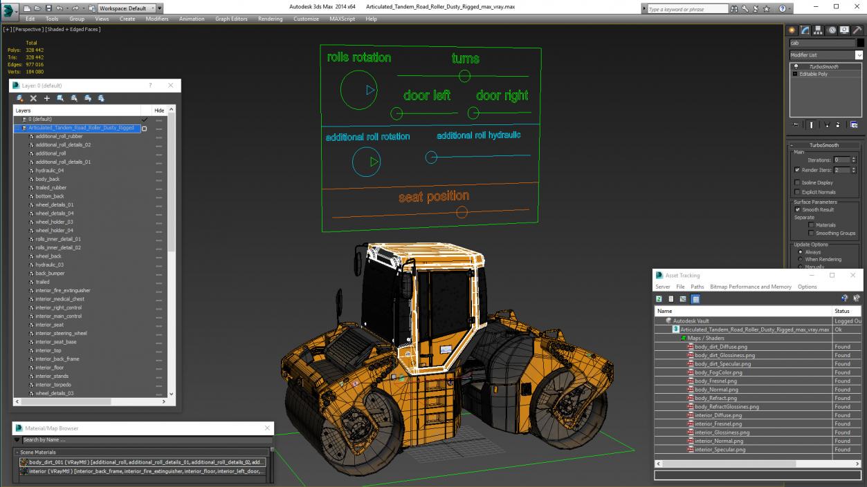 3D Articulated Tandem Road Roller Dusty Rigged model