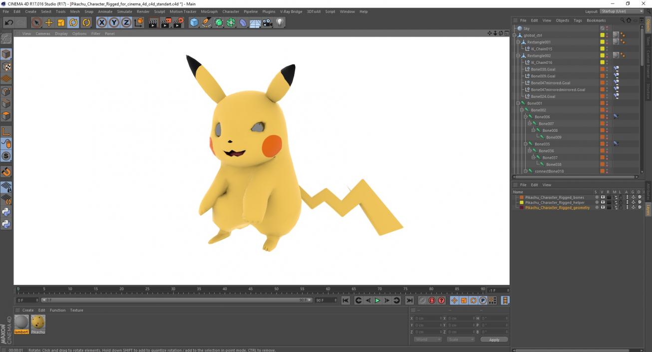 3D Pikachu Character Rigged for Cinema 4D model