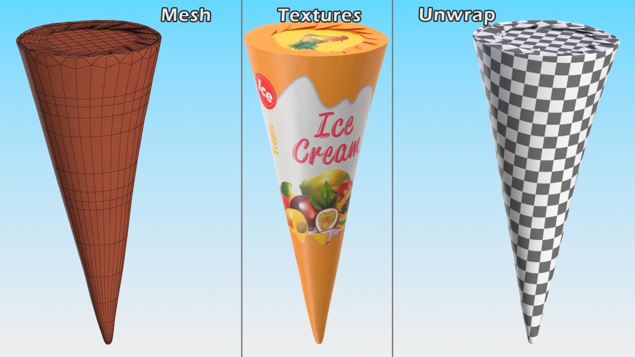 3D Cone Ice Cream Package Mockup Tropic