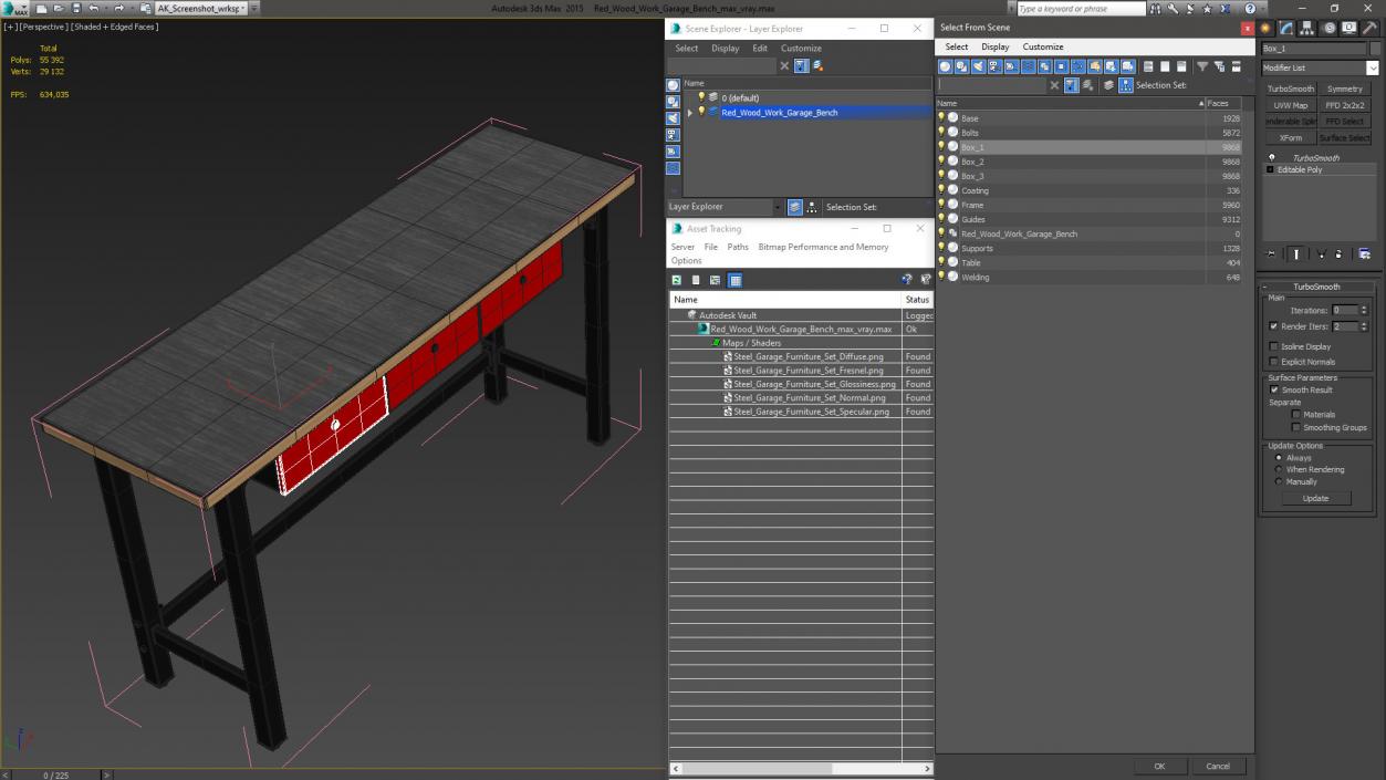 3D Red Wood Work Garage Bench