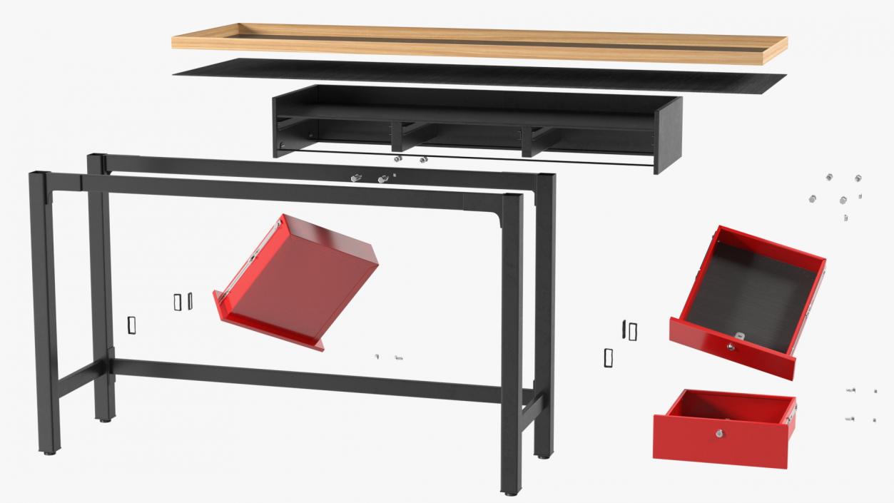 3D Red Wood Work Garage Bench