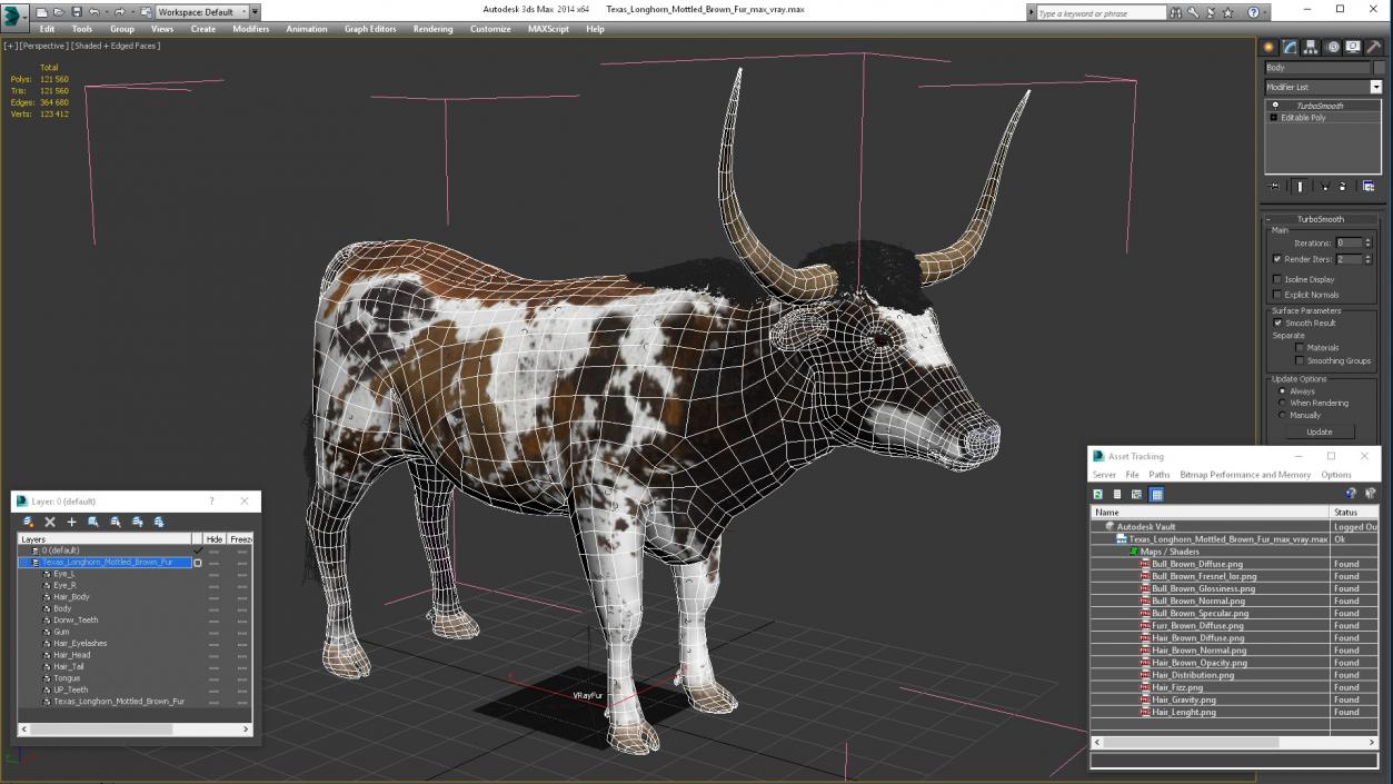 Texas Longhorn Mottled Brown Fur 3D