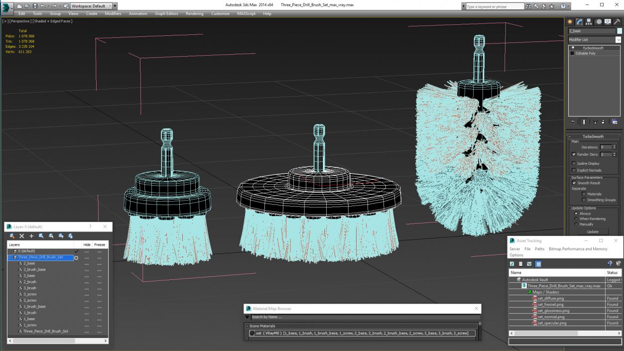 Three Piece Drill Brush Set 3D