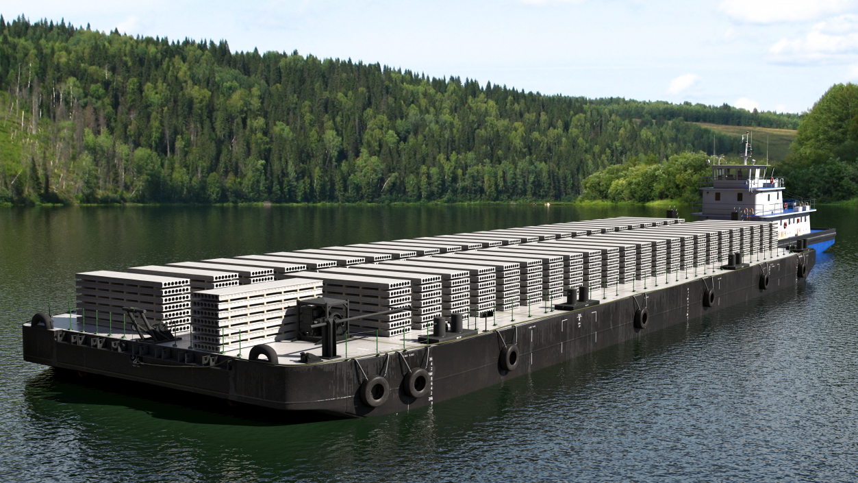 Push Boat Ship with Pontoon Barge Loaded Concrete Slab 3D model