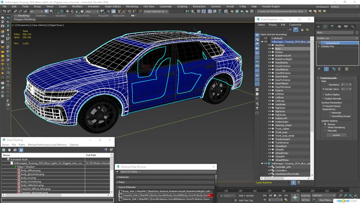 Volkswagen Touareg 2024 Blue Lights On Rigged for Cinema 4D 3D model