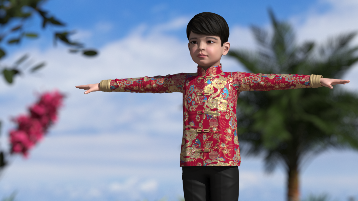 Chinese Boy Traditional Tang Jacket T-pose 3D