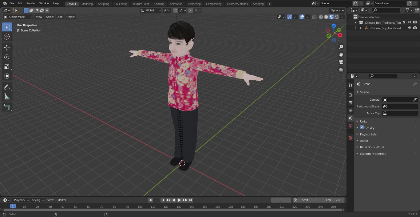 Chinese Boy Traditional Tang Jacket T-pose 3D