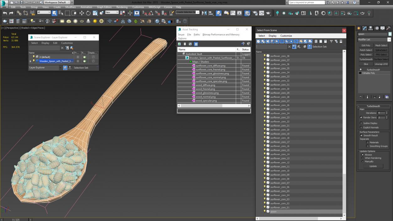 3D model Wooden Spoon with Peeled Sunflower Seeds