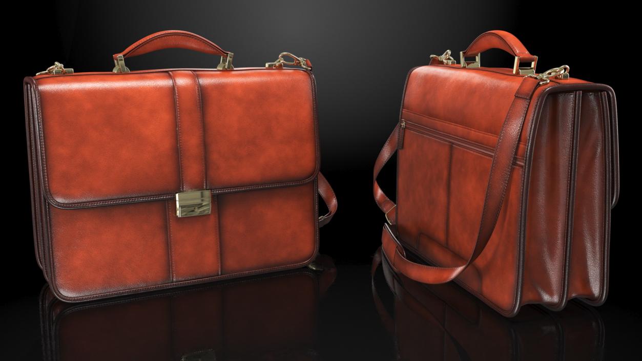 Leather Flapover Briefcase Brown 3D