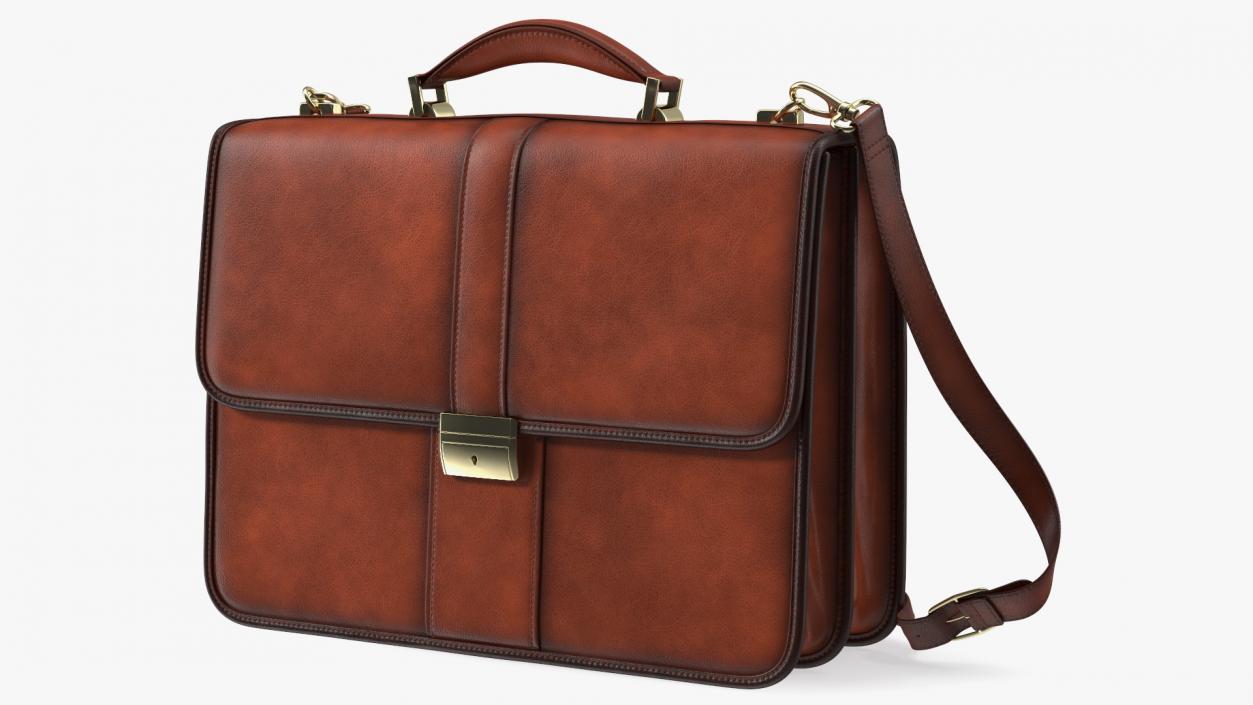 Leather Flapover Briefcase Brown 3D