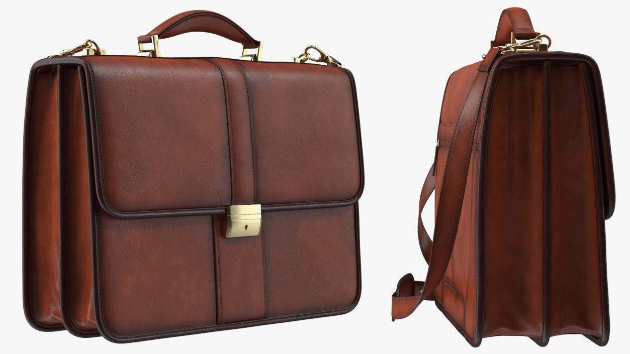 Leather Flapover Briefcase Brown 3D