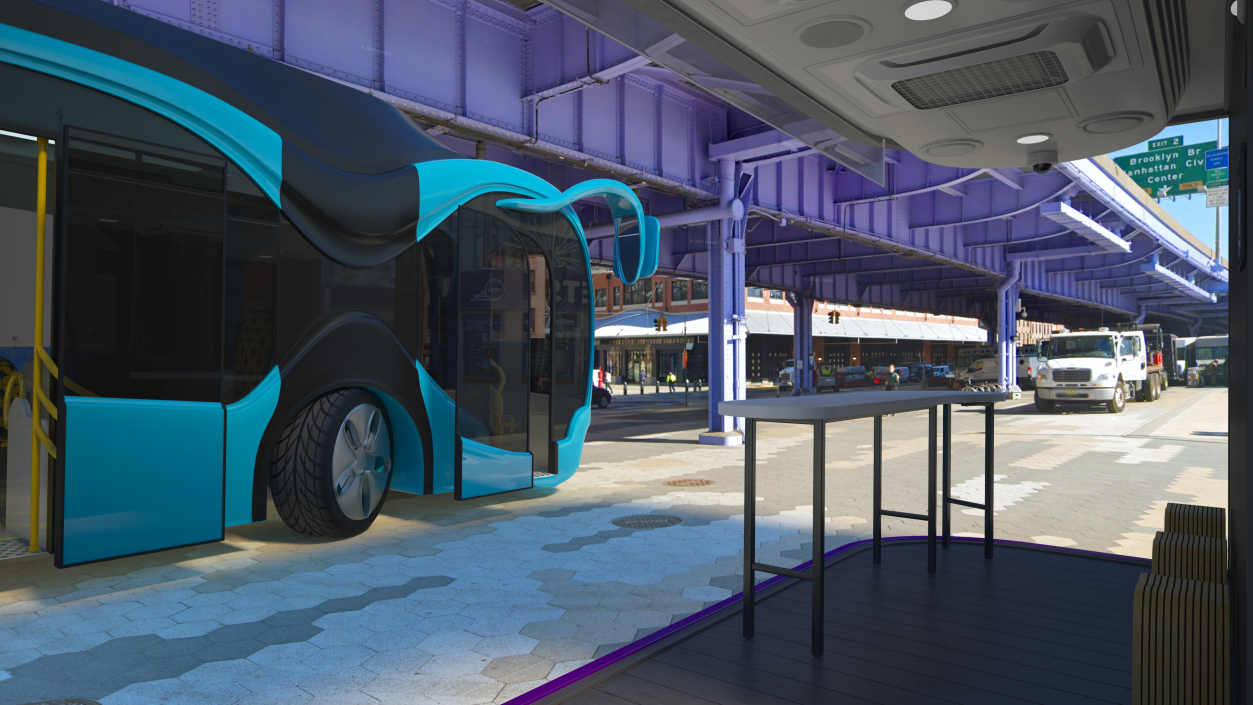 3D Futuristic Public Transportation Bus with Station Rigged