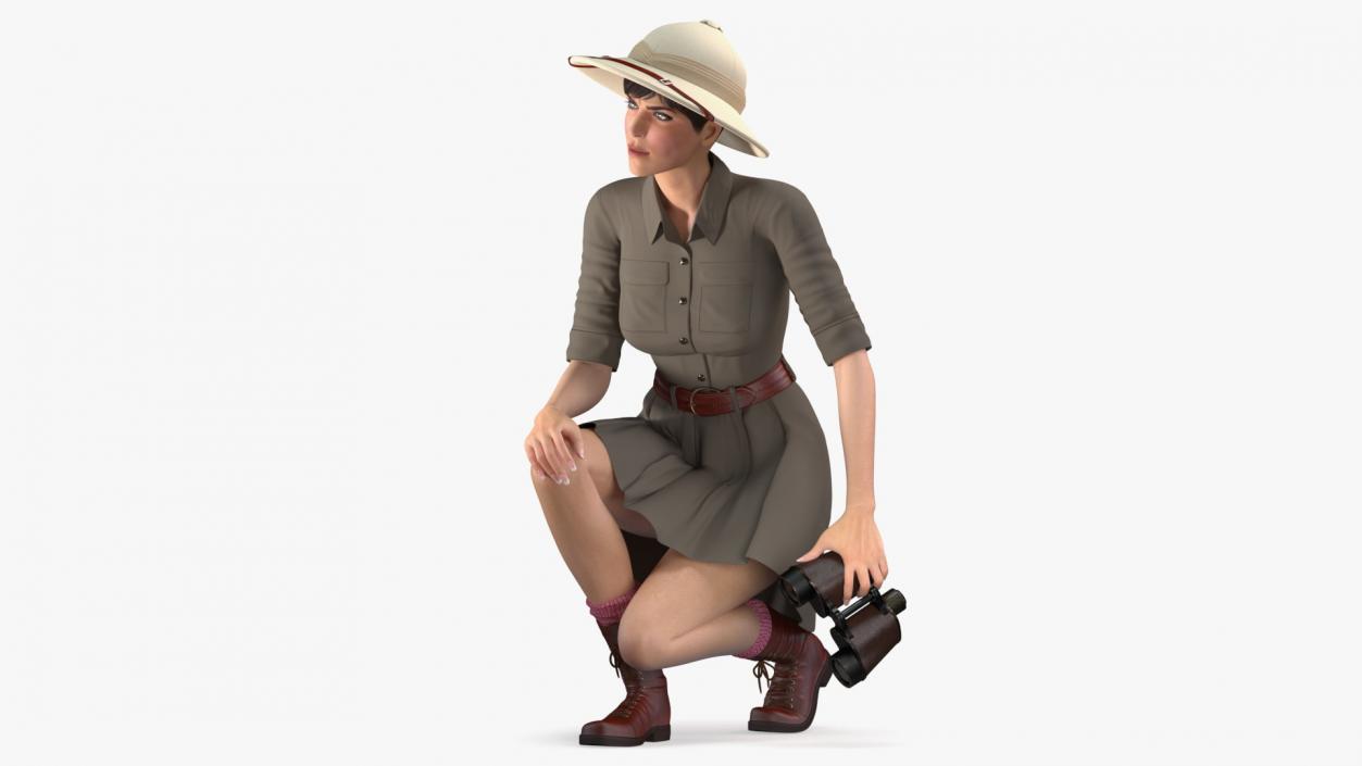 3D Women in Safari Costume Crouching Pose model