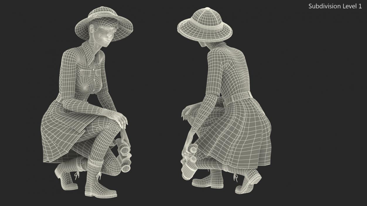 3D Women in Safari Costume Crouching Pose model