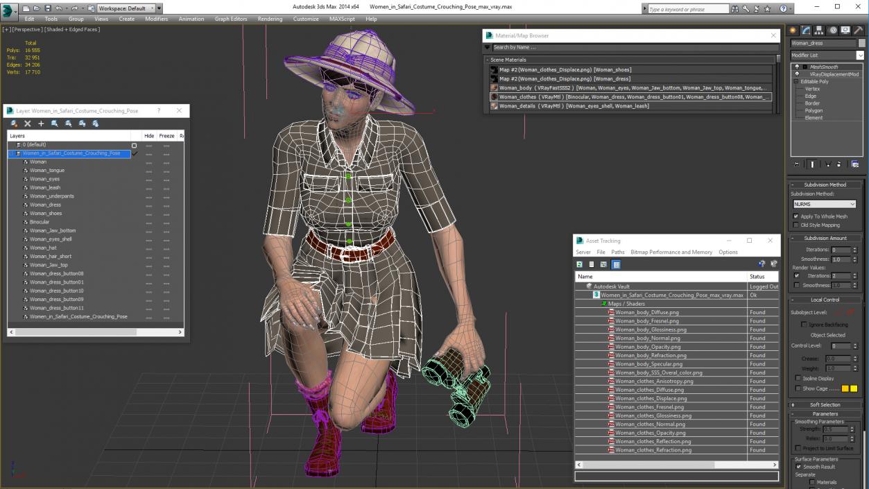 3D Women in Safari Costume Crouching Pose model