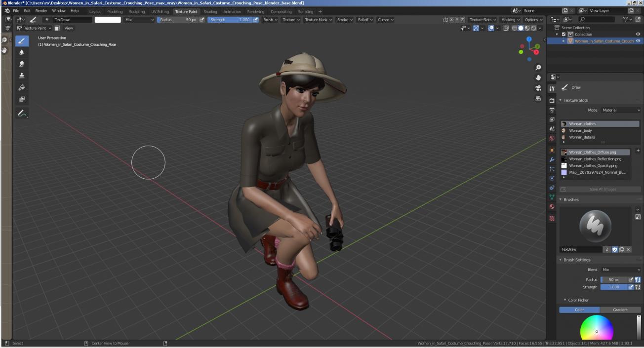 3D Women in Safari Costume Crouching Pose model