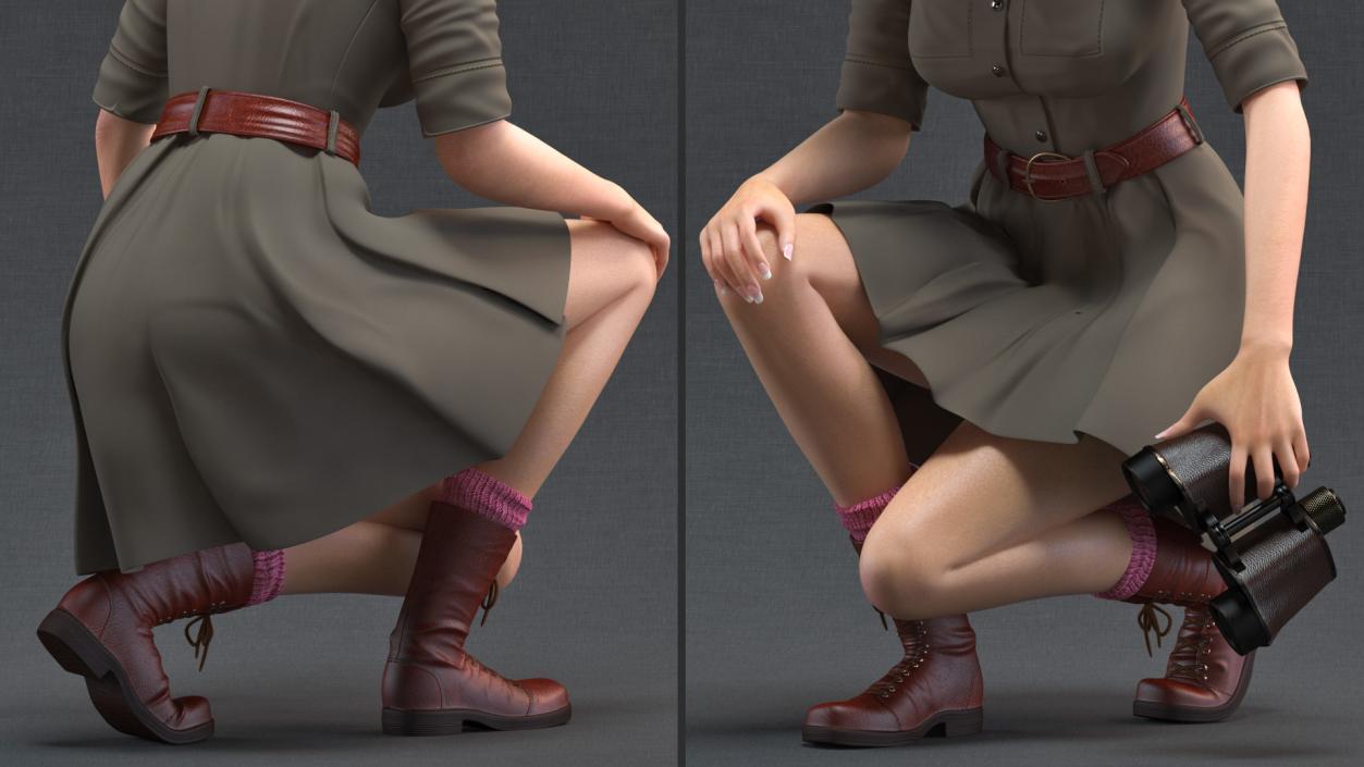 3D Women in Safari Costume Crouching Pose model