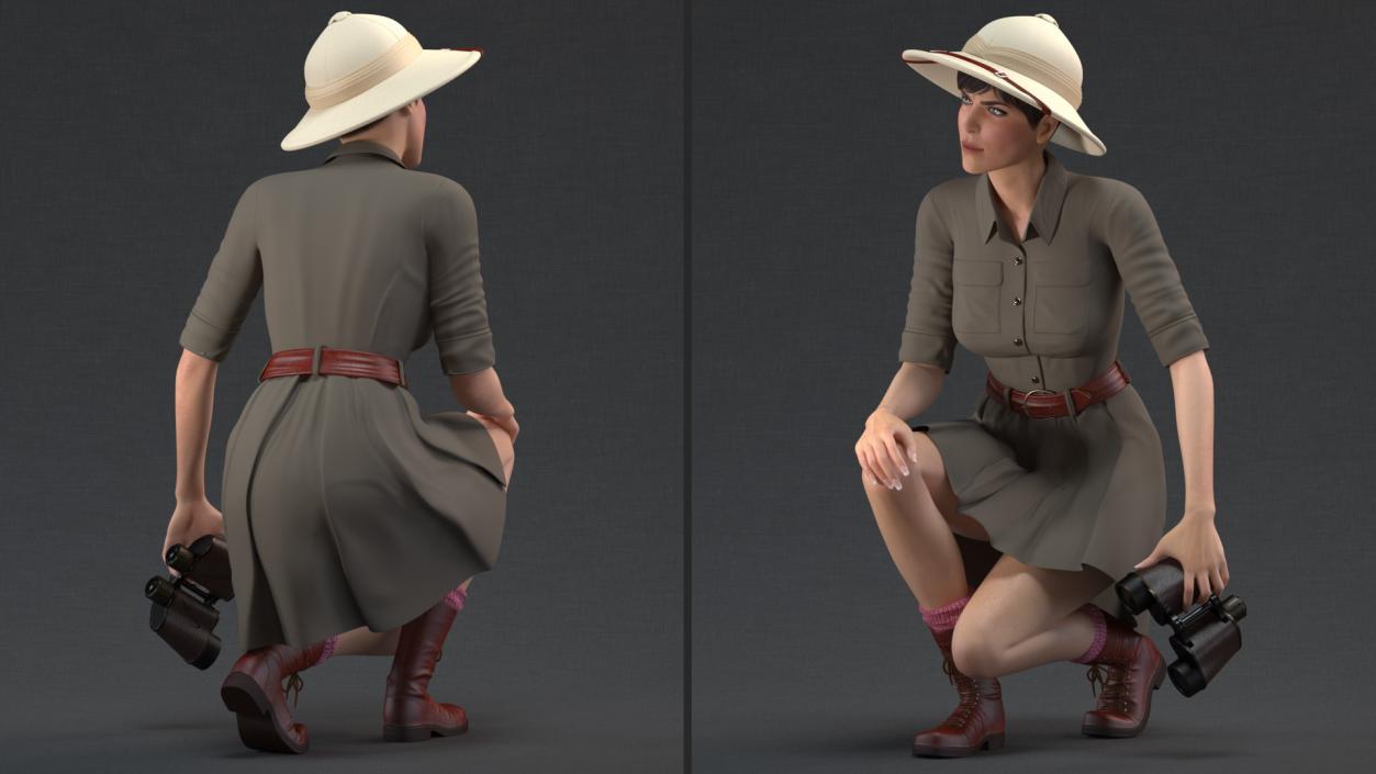 3D Women in Safari Costume Crouching Pose model