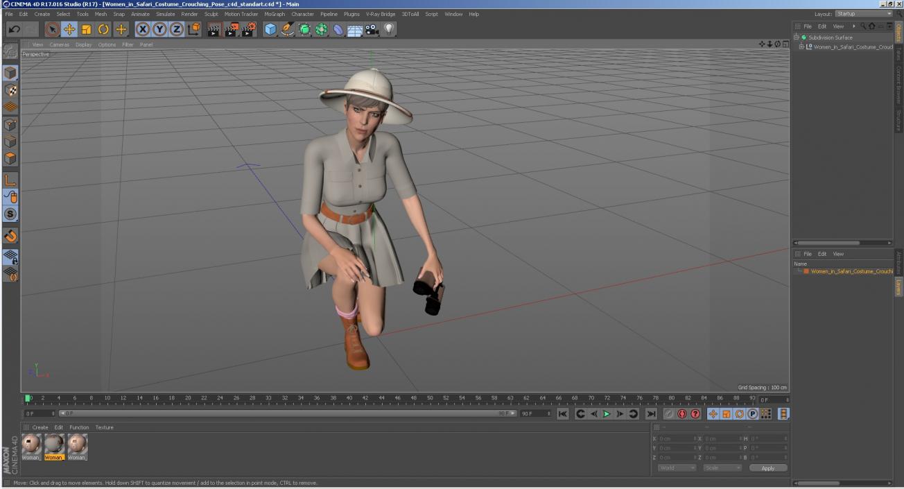 3D Women in Safari Costume Crouching Pose model