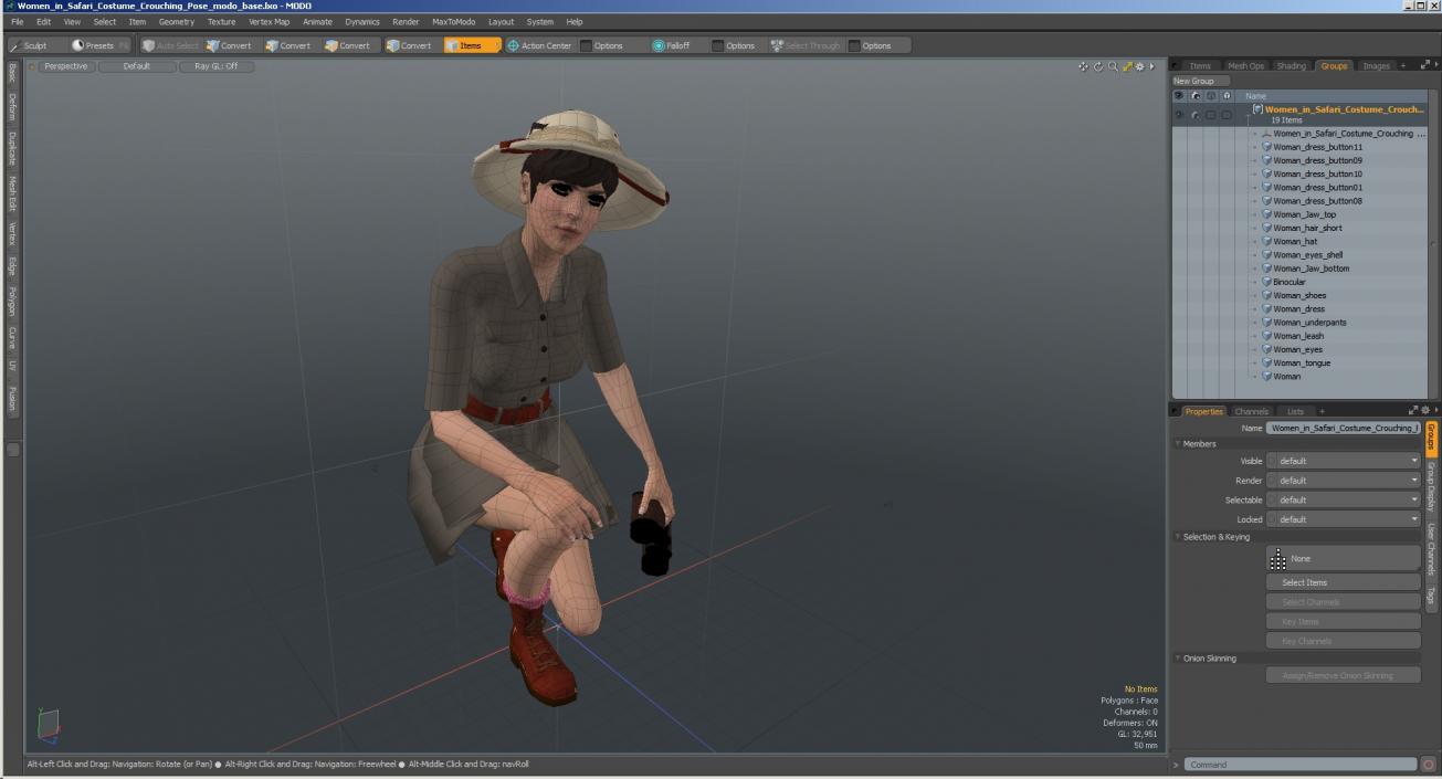 3D Women in Safari Costume Crouching Pose model