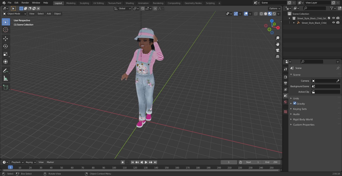 3D Street Style Black Child Girl Standing model