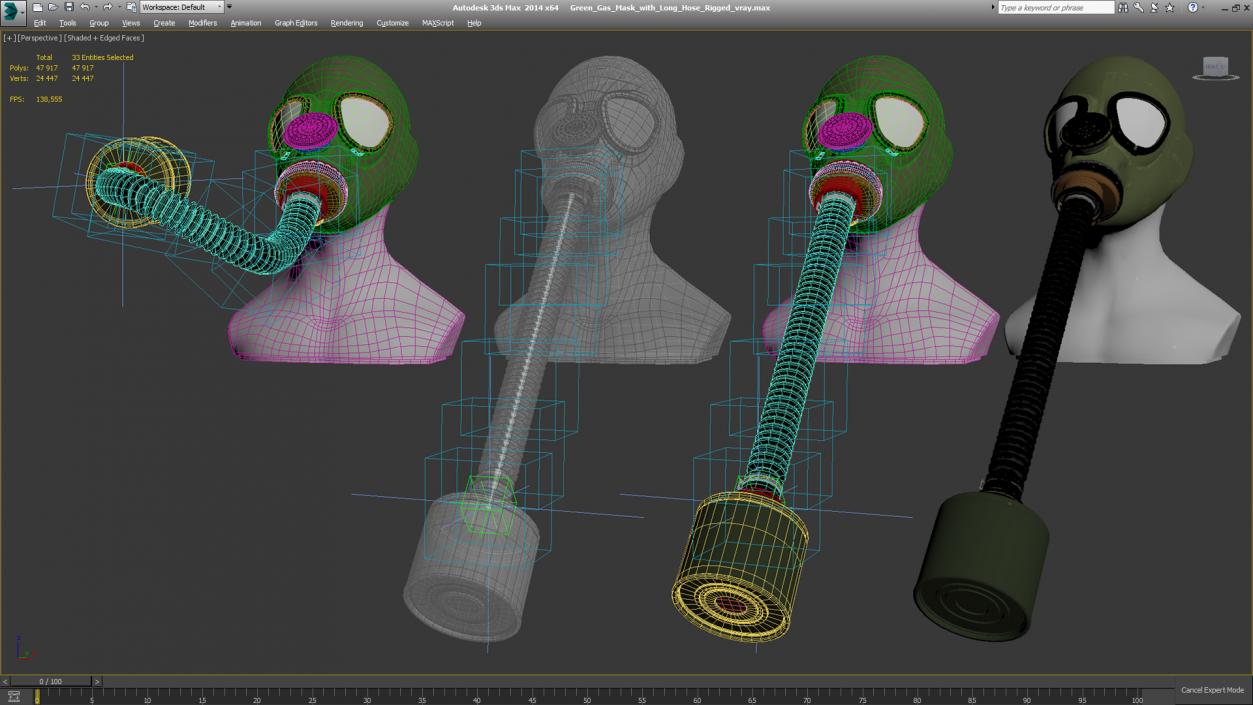 3D Green Gas Mask with Long Hose Rigged