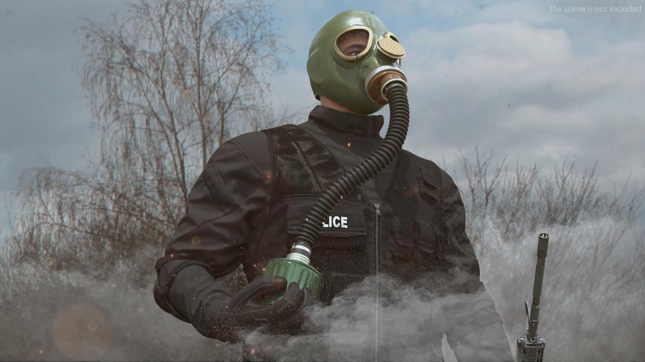 3D Green Gas Mask with Long Hose Rigged