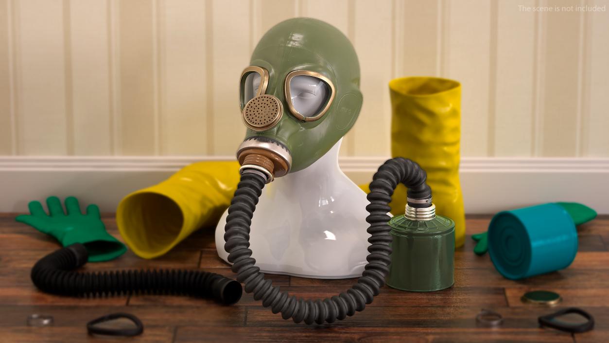 3D Green Gas Mask with Long Hose Rigged