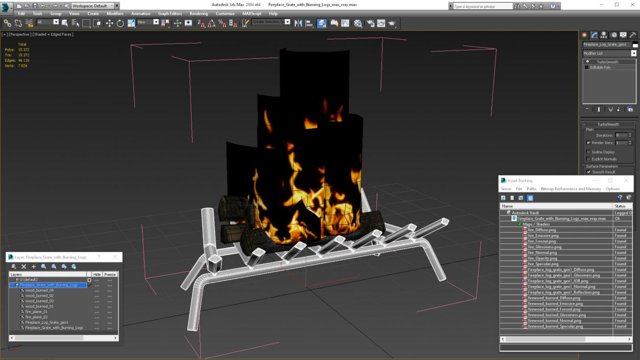 3D Fireplace Grate with Burning Logs model