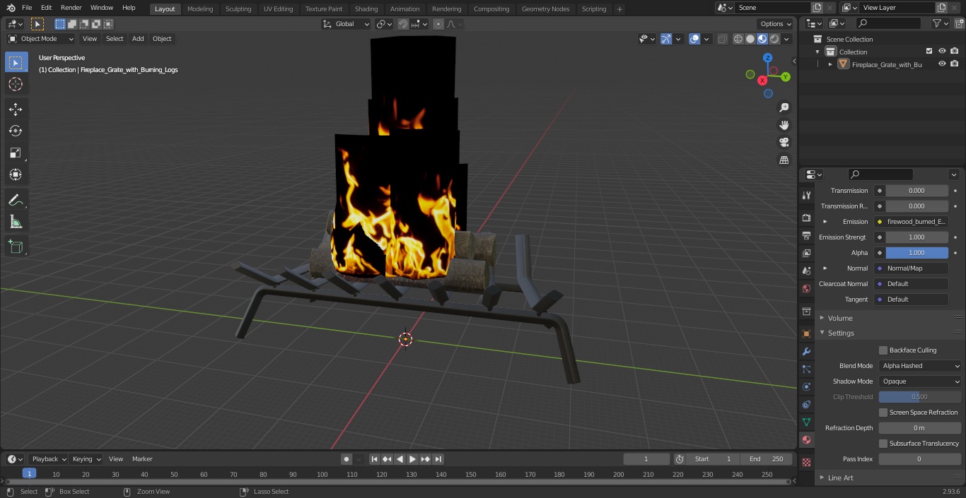 3D Fireplace Grate with Burning Logs model