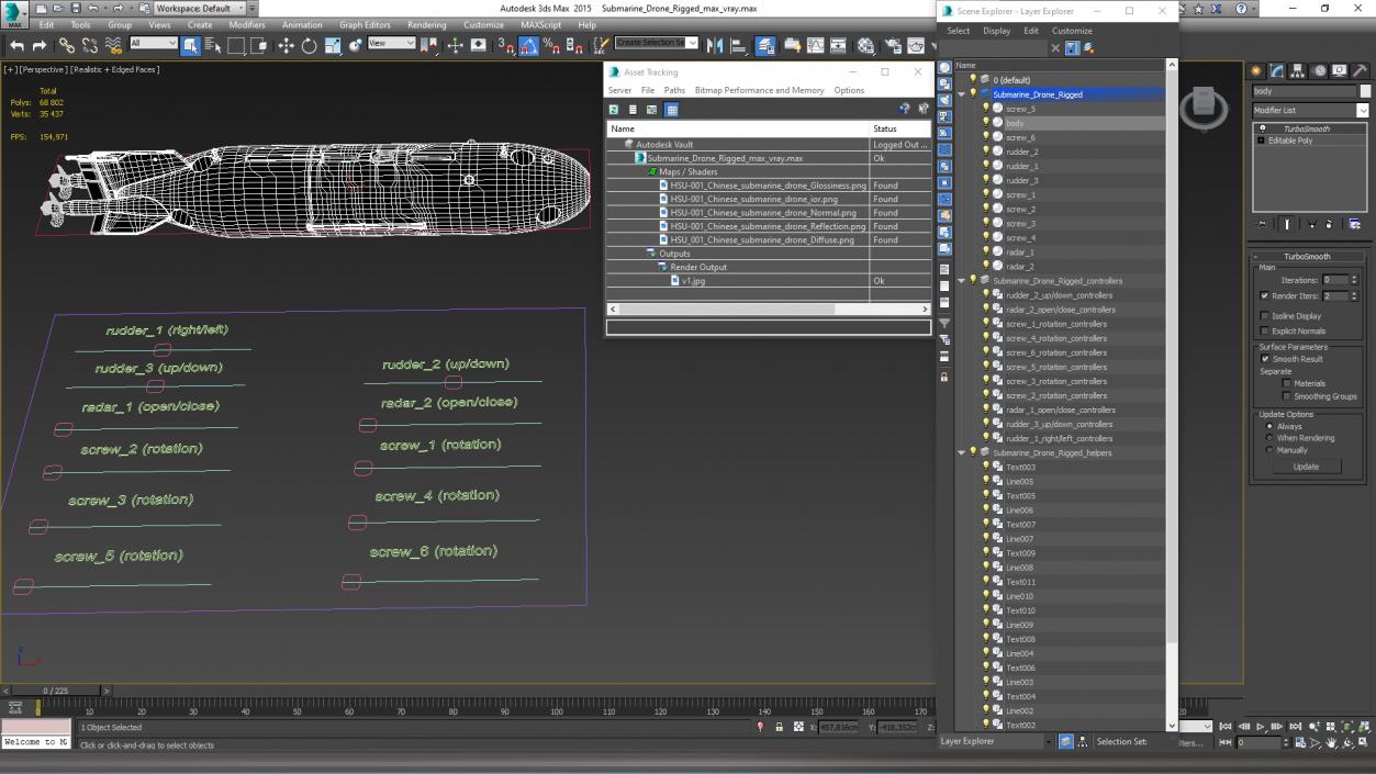 3D Submarine Drone Rigged for Cinema 4D