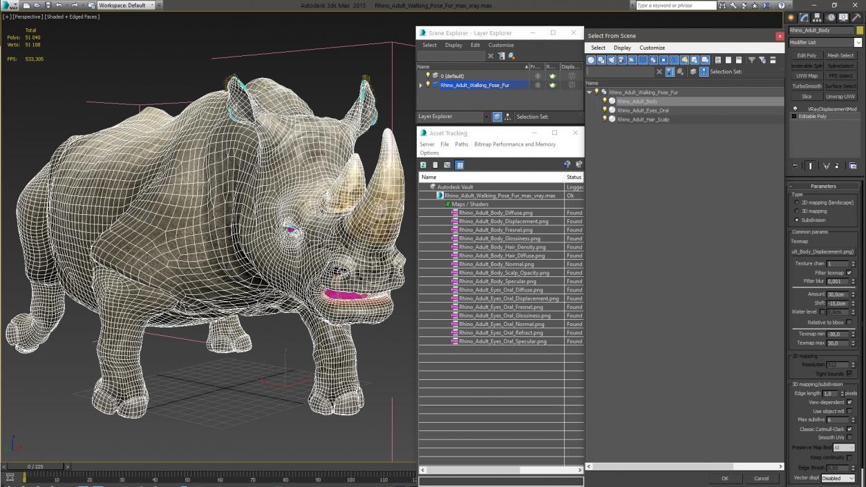 3D Rhino Adult Walking Pose Fur model