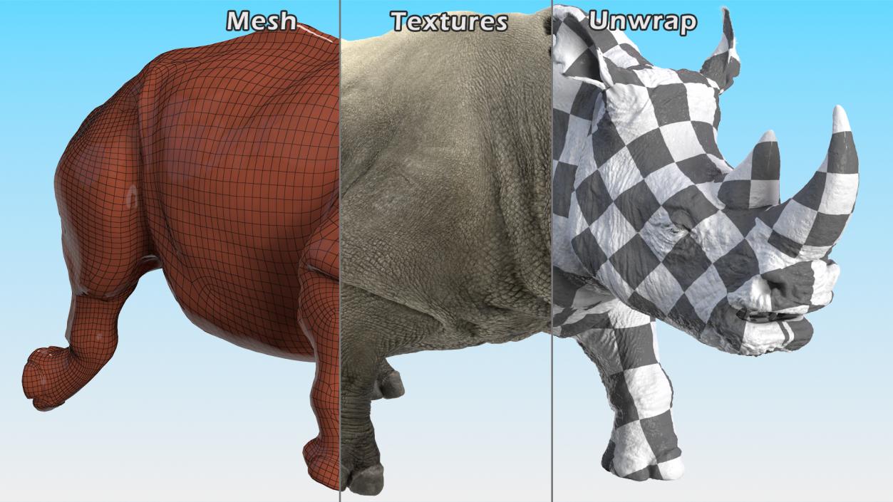 3D Rhino Adult Walking Pose Fur model