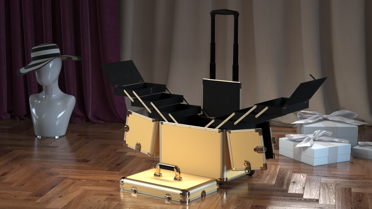 3D Unfolded Makeup Trolley Case Gold model