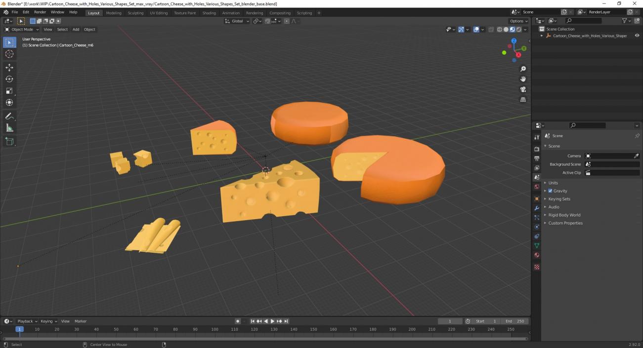 Cartoon Cheese with Holes Various Shapes Set 3D model