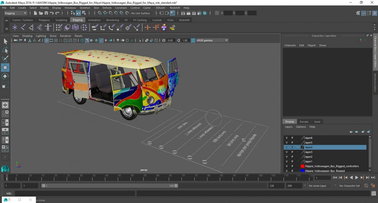 Hippie Volkswagen Bus Rigged for Maya 3D