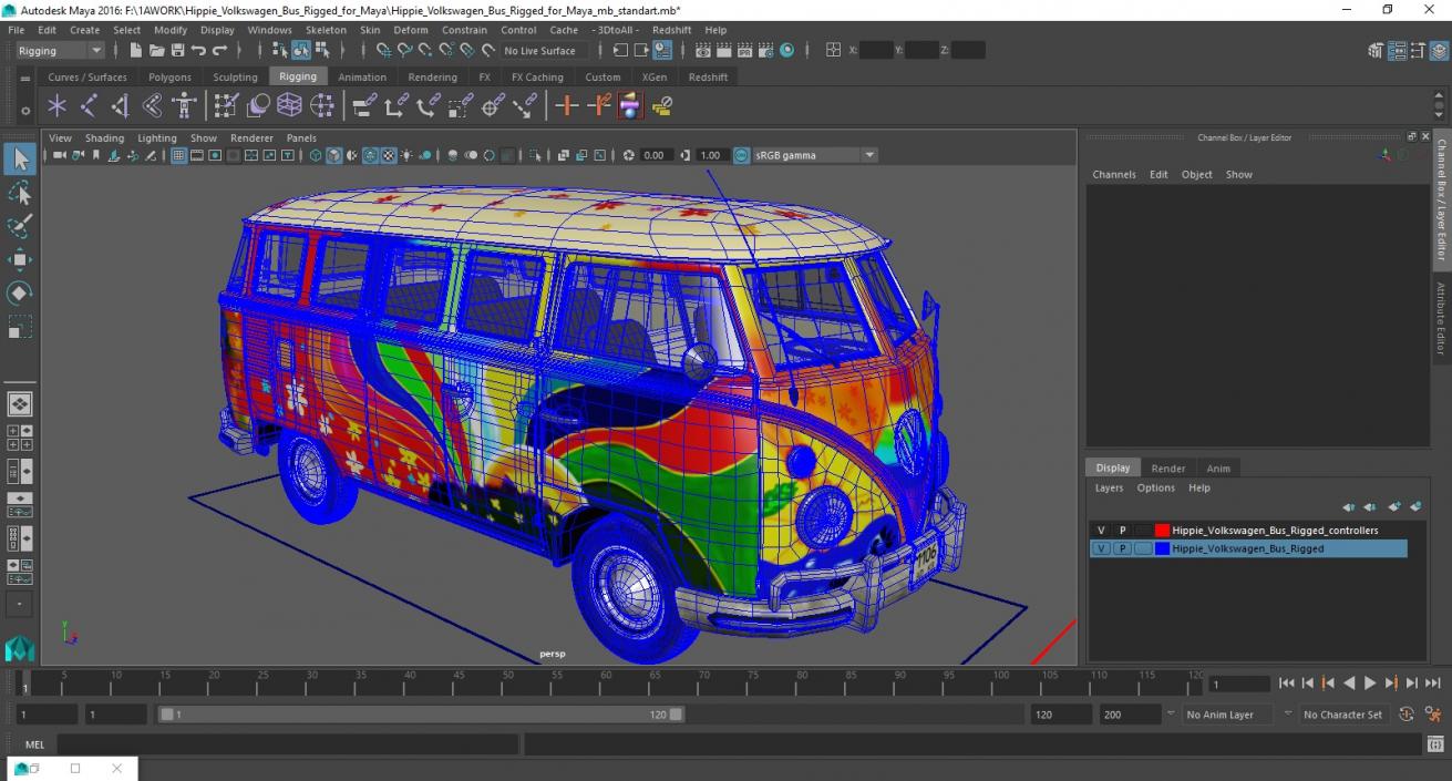 Hippie Volkswagen Bus Rigged for Maya 3D