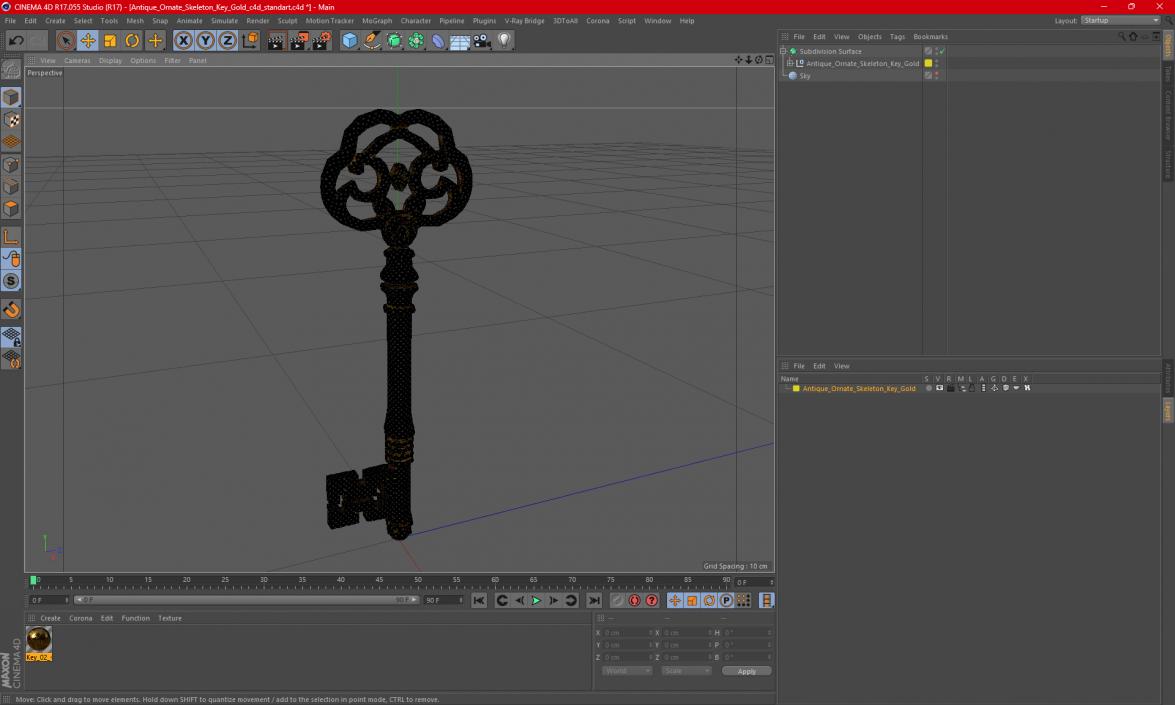 Antique Ornate Skeleton Key Gold 3D